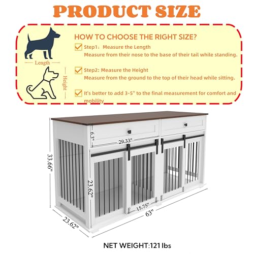 Brown White Dog Crate Furniture for 2 Dogs with Sliding Barn Door S733