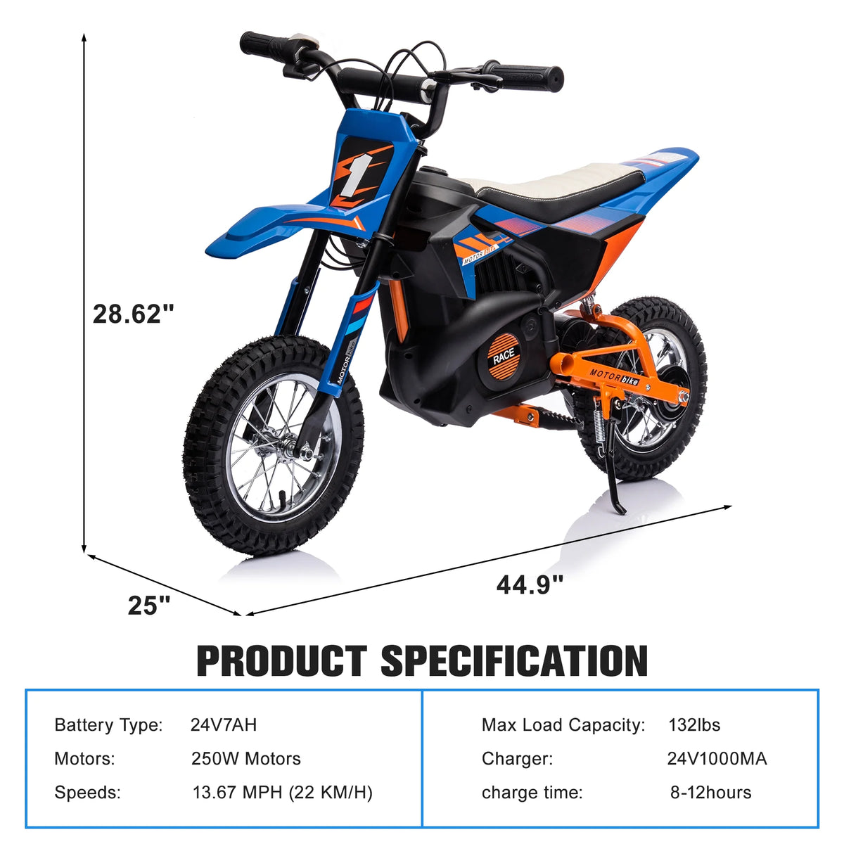 24V Electric Dirt Bike Ride On Motorcycle Toy, Blue M712