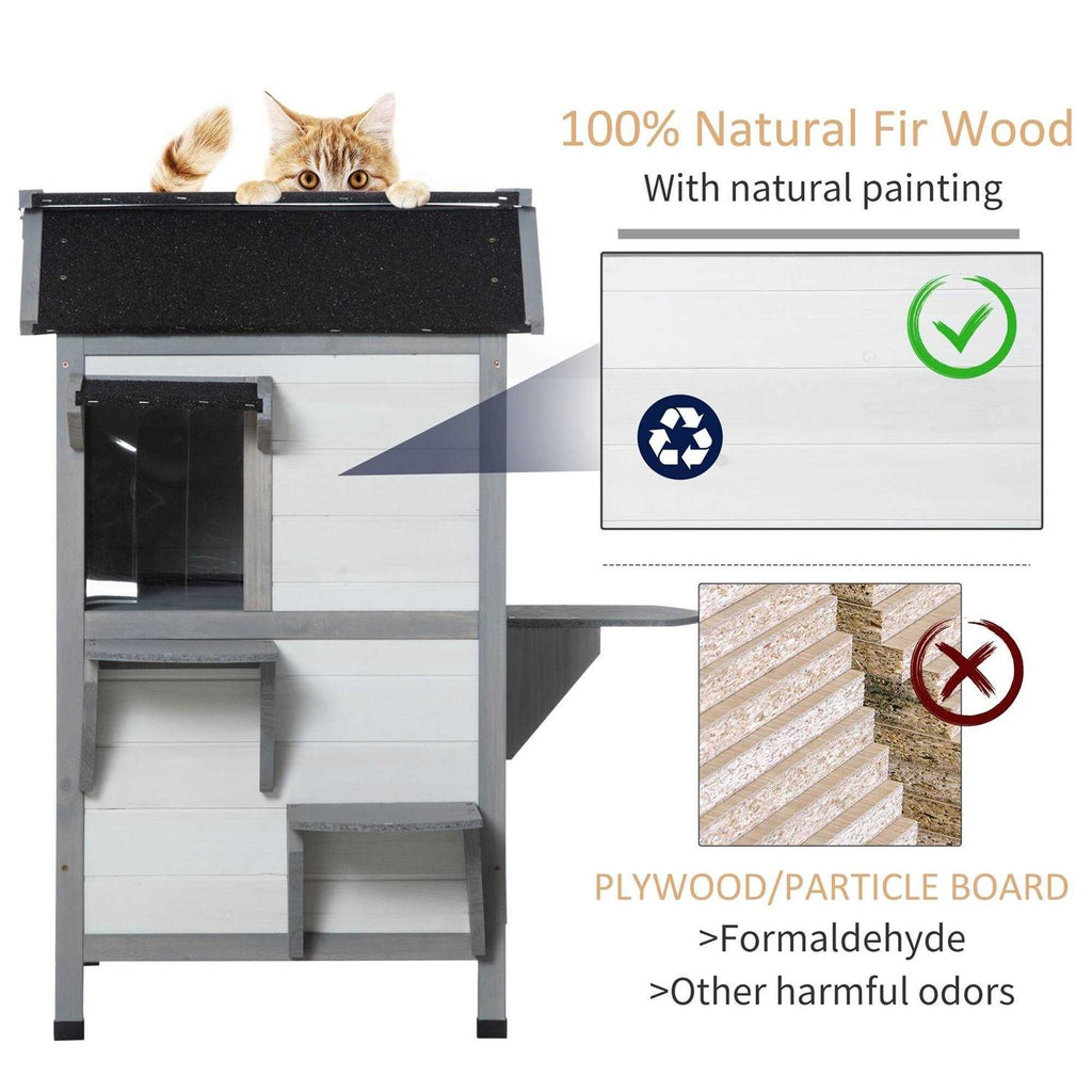 Wooden 2-Story Outdoor Cat House with Escape Door M445