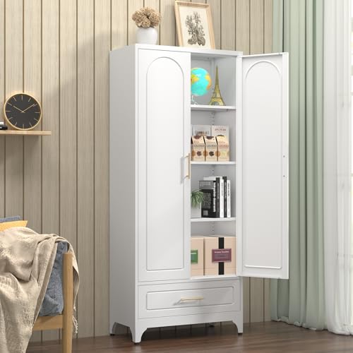 White 71 Inch Tall Metal Storage Cabinet with Doors and Shelves Y53735