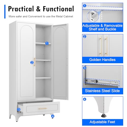White 71 Inch Tall Metal Storage Cabinet with Doors and Shelves Y53735