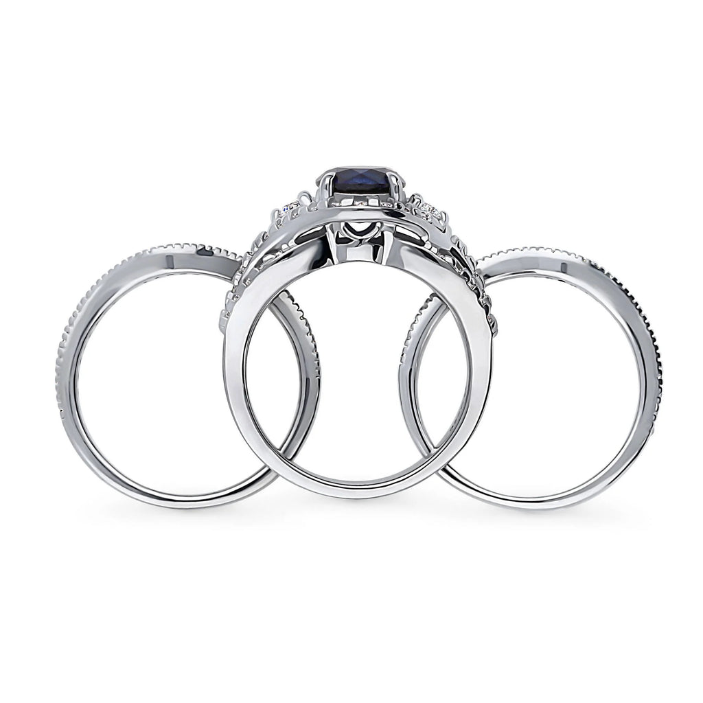Sterling Silver Simulated Blue Sapphire CZ Halo Ring Set, Rhodium Plated Size 6 R5506