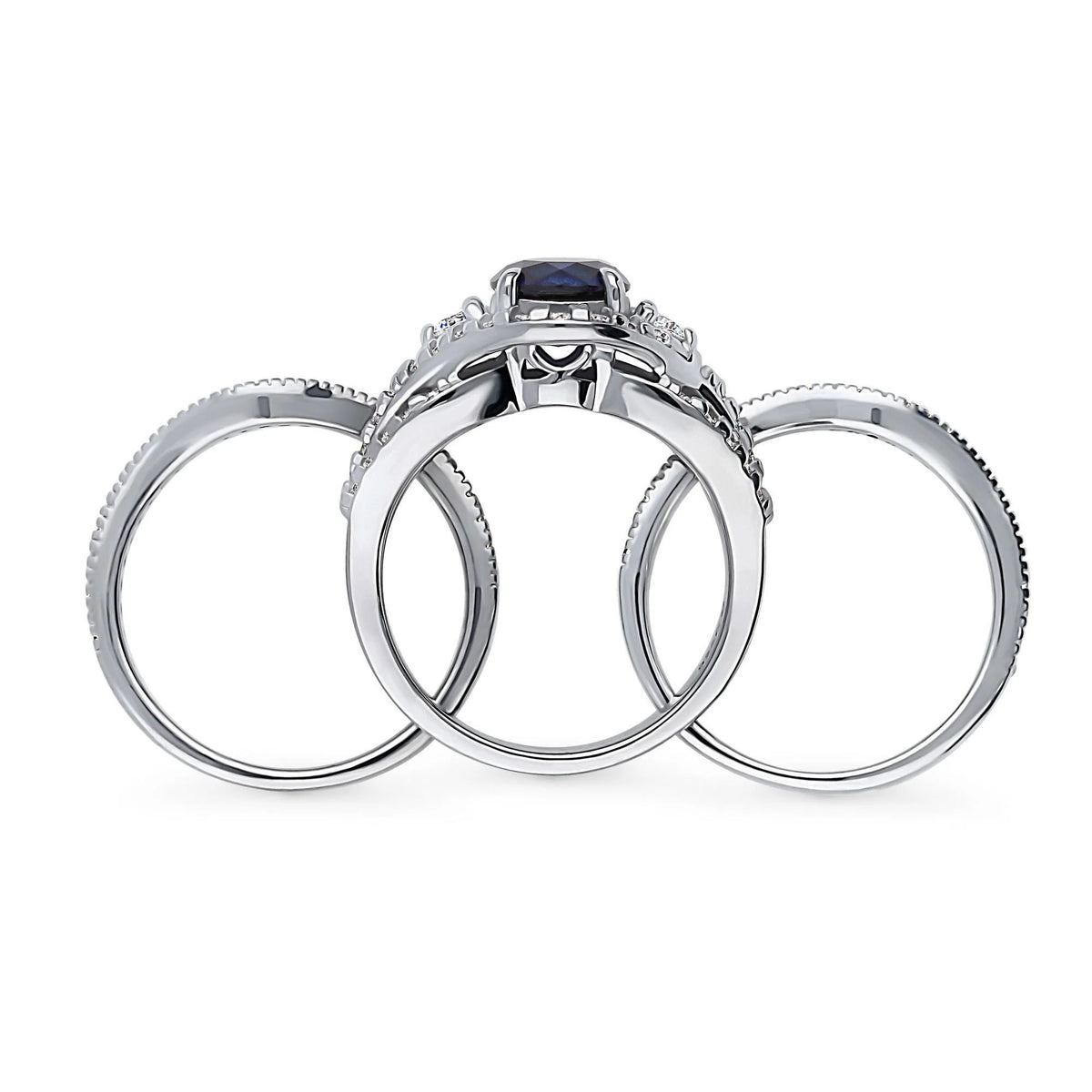Sterling Silver Simulated Blue Sapphire CZ Halo Ring Set, Rhodium Plated Size 6 R5506