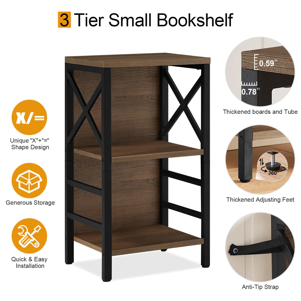 3 Tier Wood and Metal Bookshelf K934790