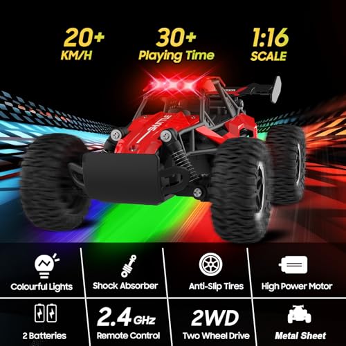 Remote Control Car with LED Lights, 2.4GHz 2WD Rechargeable Monster Truck P5845