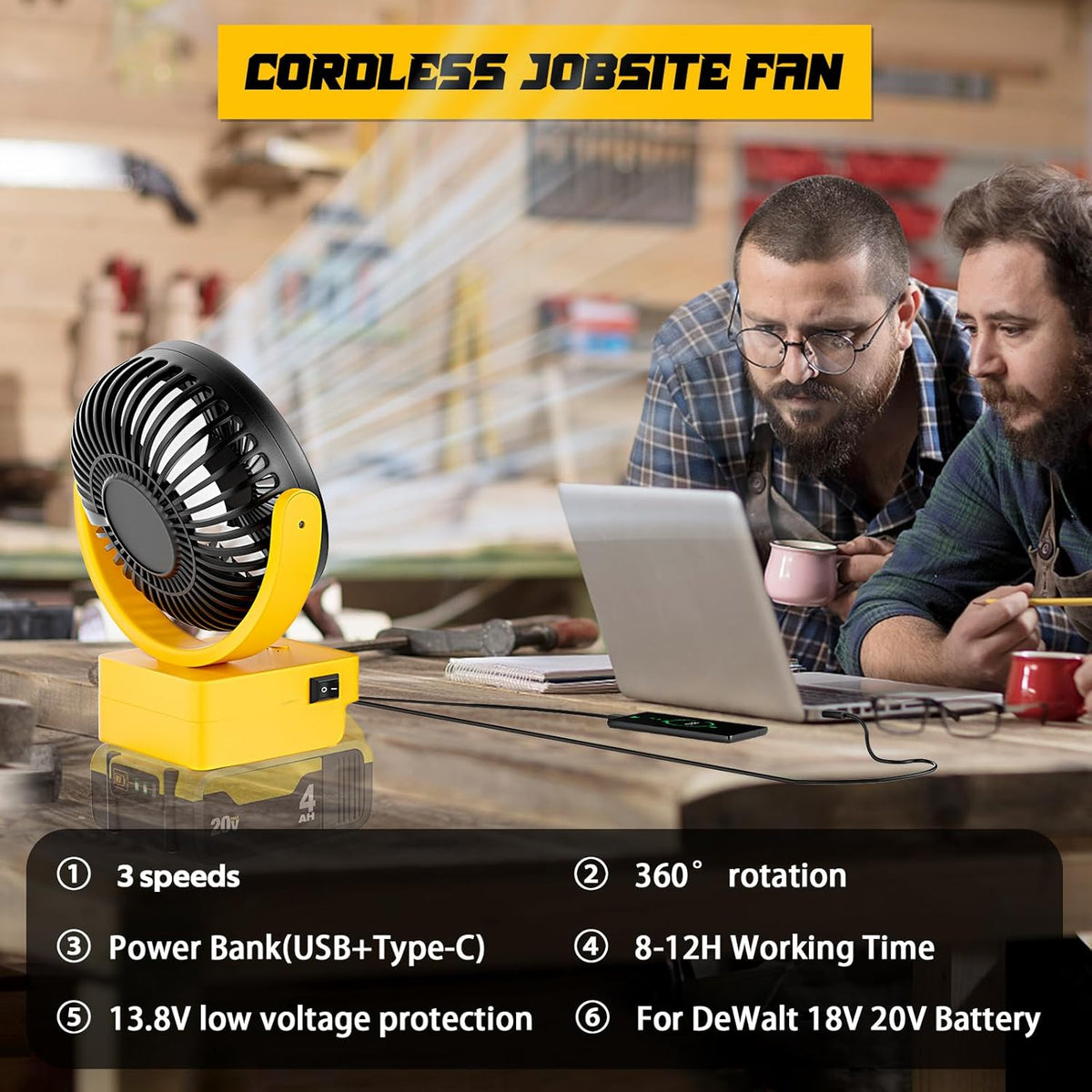 Cordless Fan for 18V 20V Lithium-Ion Batteries, 3-Speed Control, USB & Type-C Charging Q4738