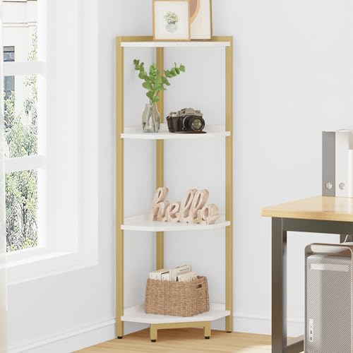 4-Tier White Corner Shelf with Metal Frame K8934