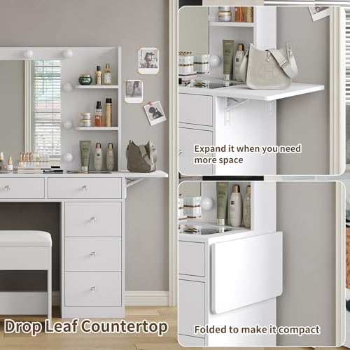 White Vanity Desk with Mirror and 10 LED Lights, 4 Shelves O350
