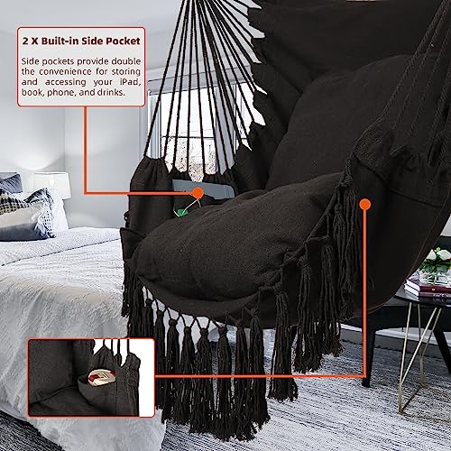 Grey Hanging Rope Swing Hammock Chair with Tassels, 2 Cushions, Heavy-Duty Steel Spreader Bar S960