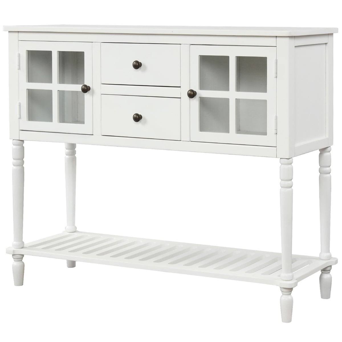 White Farmhouse Console Table with Glass Storage Cabinet A772978