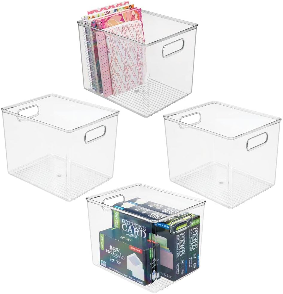 Clear 4 Pack Plastic Stackable Storage Organizer Bin with Handle E468596
