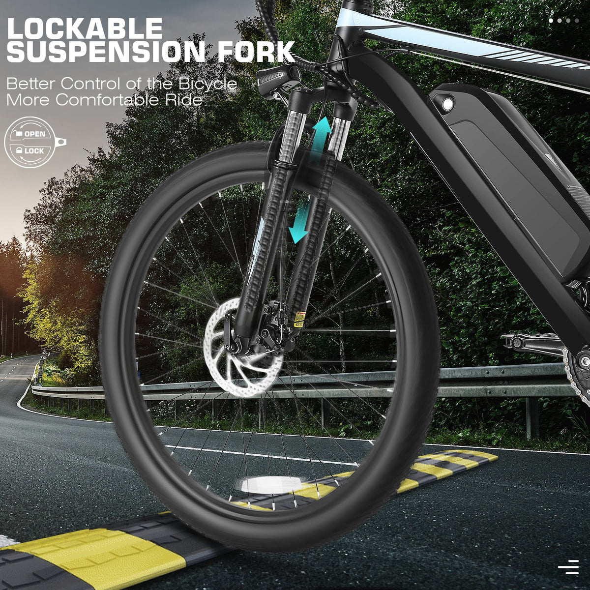26" Electric Mountain Bike with 48V Battery, Shimano 21 Speed, Lockable Suspension Fork G770305