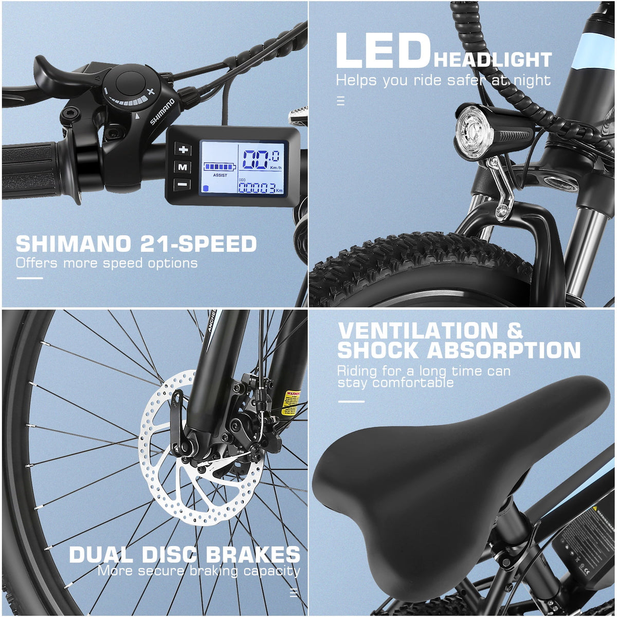 26" Electric Mountain Bike with 48V Battery, Shimano 21 Speed, Lockable Suspension Fork G770305