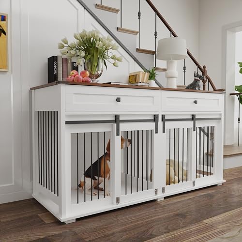 Brown White Dog Crate Furniture for 2 Dogs with Sliding Barn Door S733