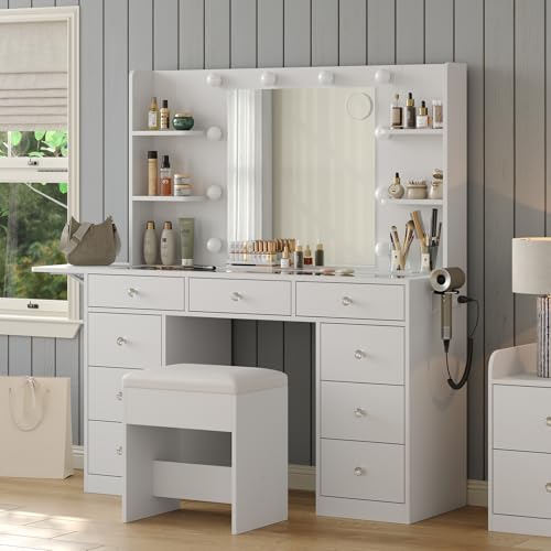 White Vanity Desk with Mirror and 10 LED Lights, 4 Shelves O350