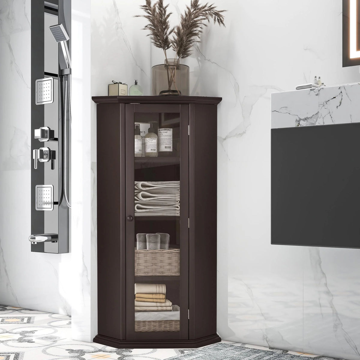 Freestanding Bathroom Cabinet with Glass Door, MDF Board with Painted Finish M76884