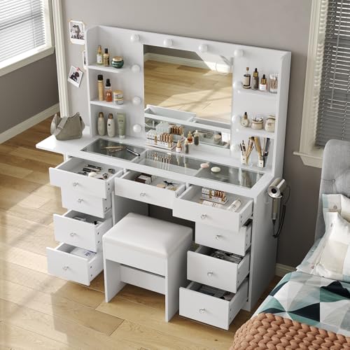 White Vanity Desk with Mirror and 10 LED Lights, 4 Shelves O350