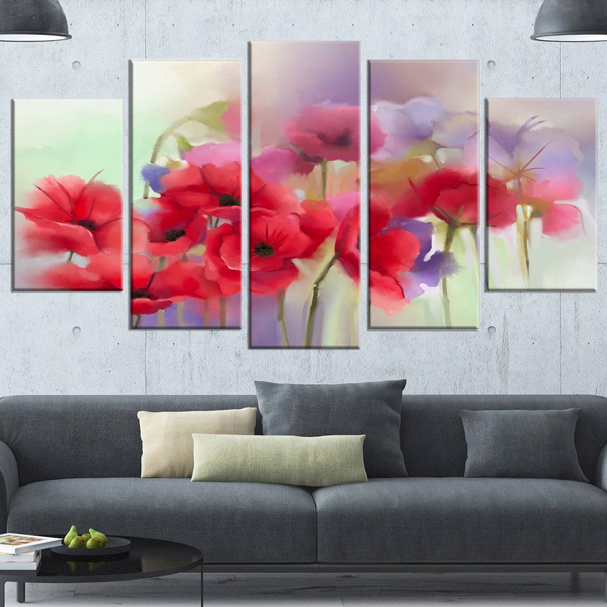 Watercolor Red Poppy Flowers 5 Piece Canvas Painting Set E83749