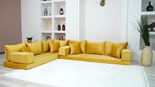 L Shaped Velvet Yellow Floor Couch with Ottoman and Pillows L4985