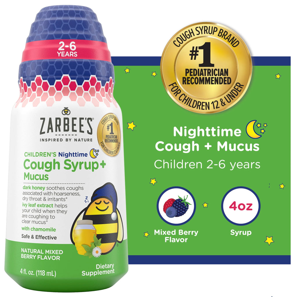 Kids Cough + Mucus Nighttime with Honey, Ivy Leaf, Zinc & Elderberry, Mixed Berry, 4FL Oz W325459