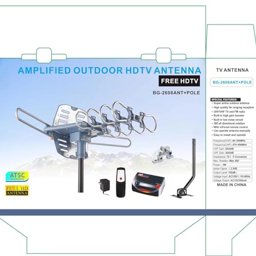 Outdoor TV Antenna, Long Range, 360° Rotation, 4K 1080P VHF UHF, with Remote and 40ft RG6 Coax Cable A768048