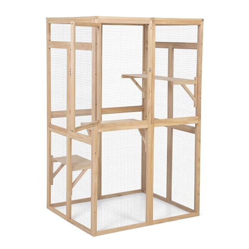 Extra Large Outdoor Wooden Cat Cage Waterproof Roof Catio with 7 Platform and 2 Resting Box (Orange) Z529539