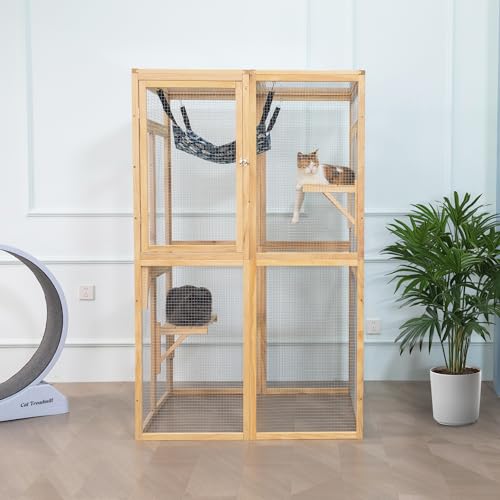 Extra Large Outdoor Wooden Cat Cage Waterproof Roof Catio with 7 Platform and 2 Resting Box (Orange) Z529539