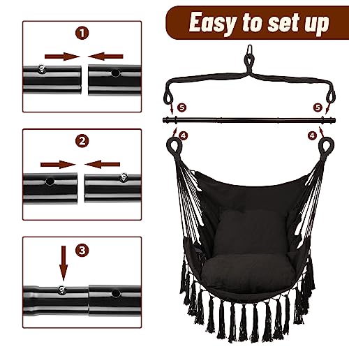 Grey Hanging Rope Swing Hammock Chair with Tassels, 2 Cushions, Heavy-Duty Steel Spreader Bar S960