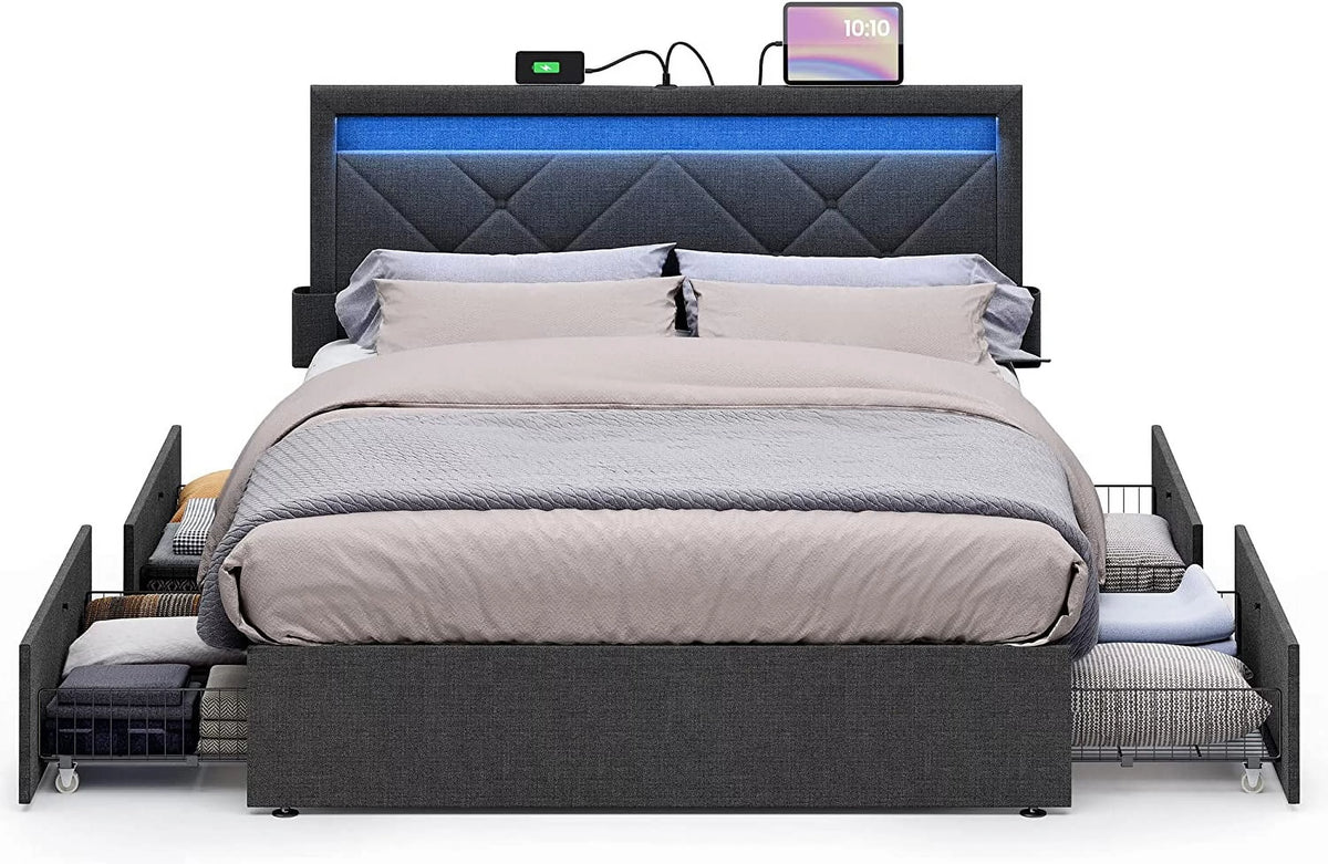 Gray Full Size LED Bed Frame with Headboard and 4 Drawers Storage M1618