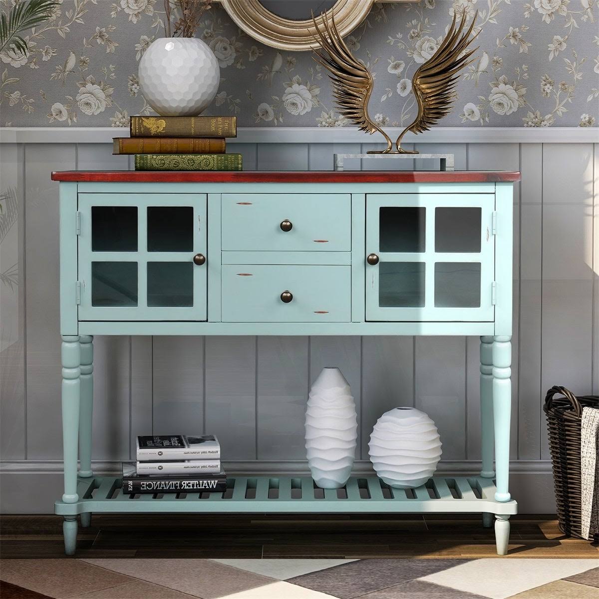 White Farmhouse Console Table with Glass Storage Cabinet A772978