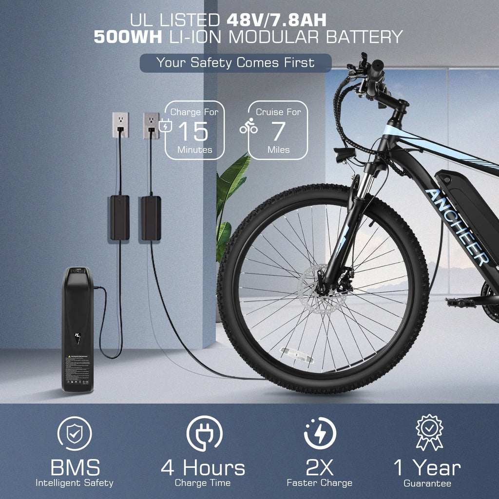 26" Electric Mountain Bike with 48V Battery, Shimano 21 Speed, Lockable Suspension Fork G770305