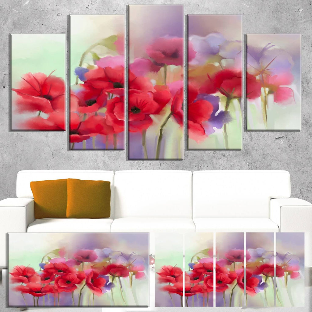 Watercolor Red Poppy Flowers 5 Piece Canvas Painting Set E83749