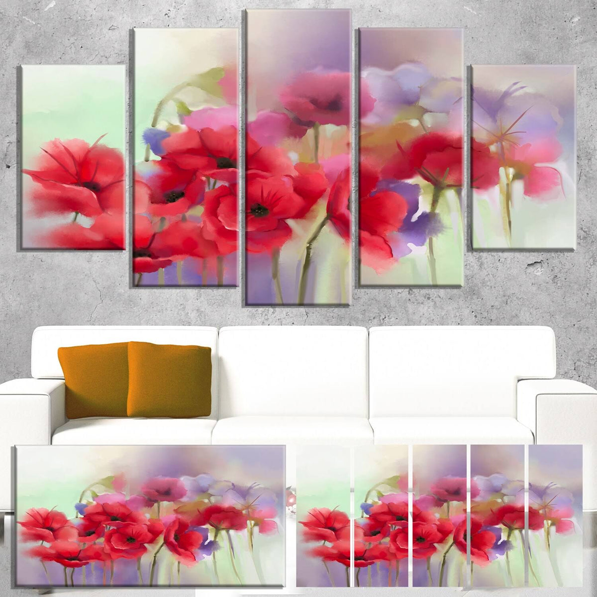 Watercolor Red Poppy Flowers 5 Piece Canvas Painting Set E83749