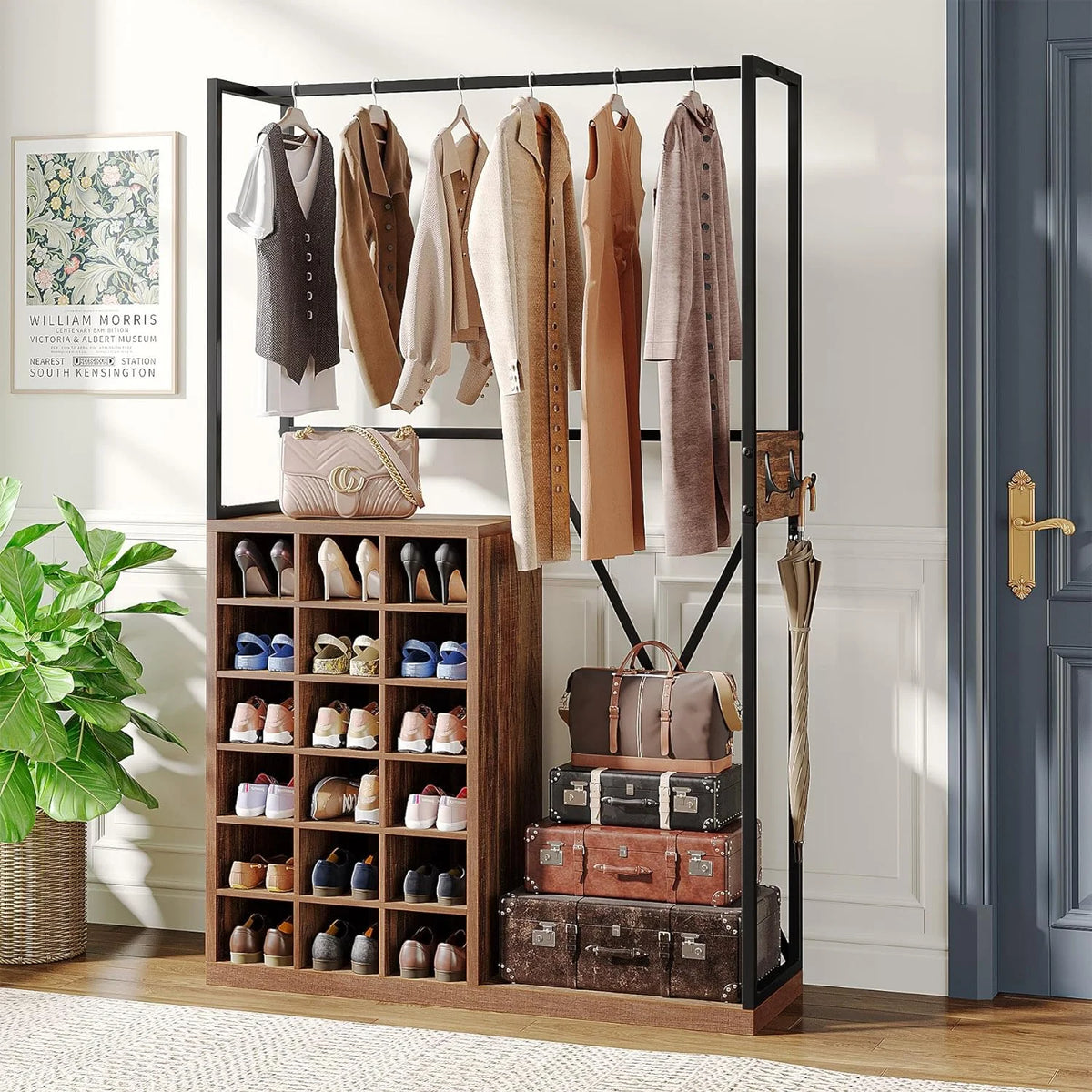 71" Brown Wood Coat Rack with 18 Shoe Cabinets M142