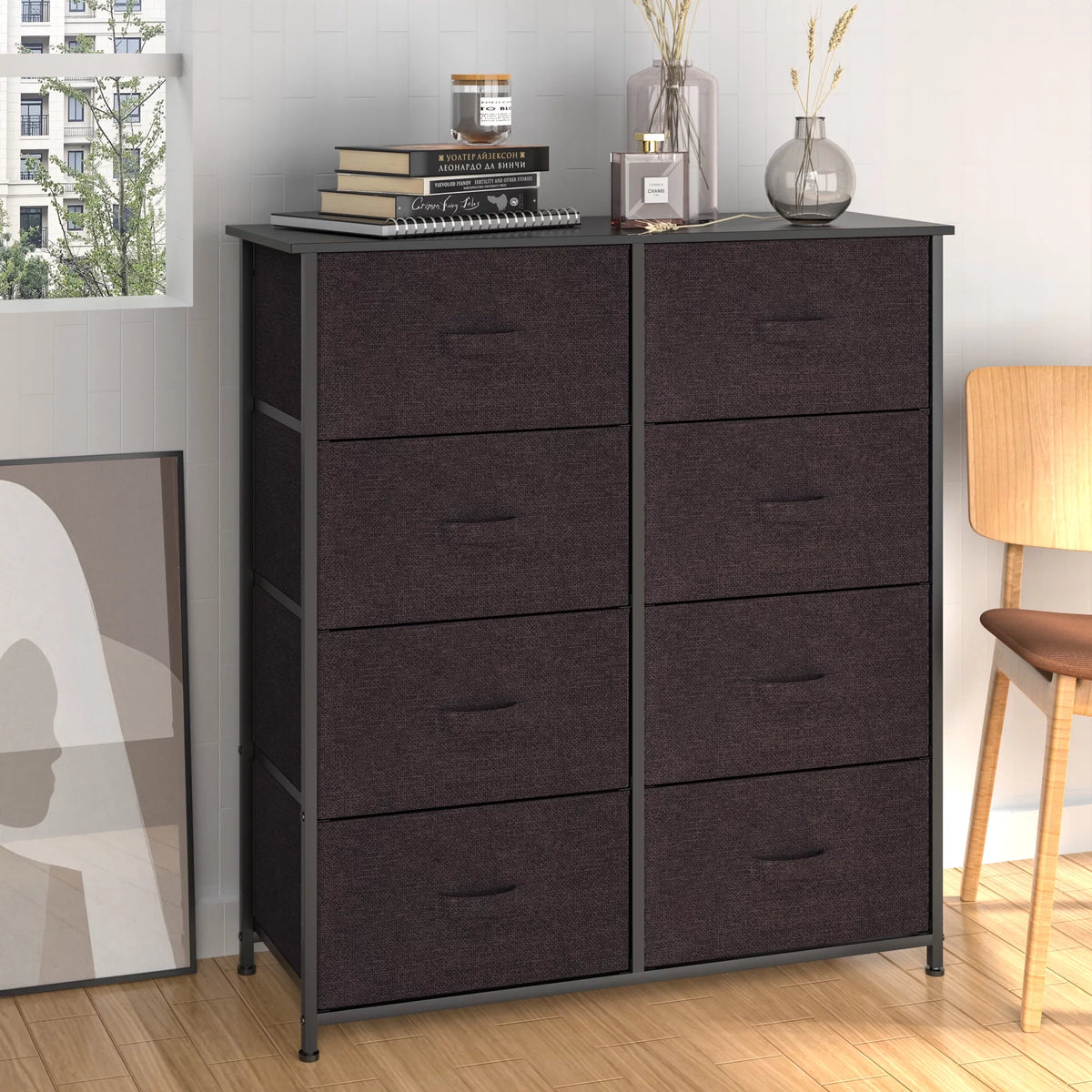 8 Drawer Fabric Dresser with Wooden Top Shelf O568570