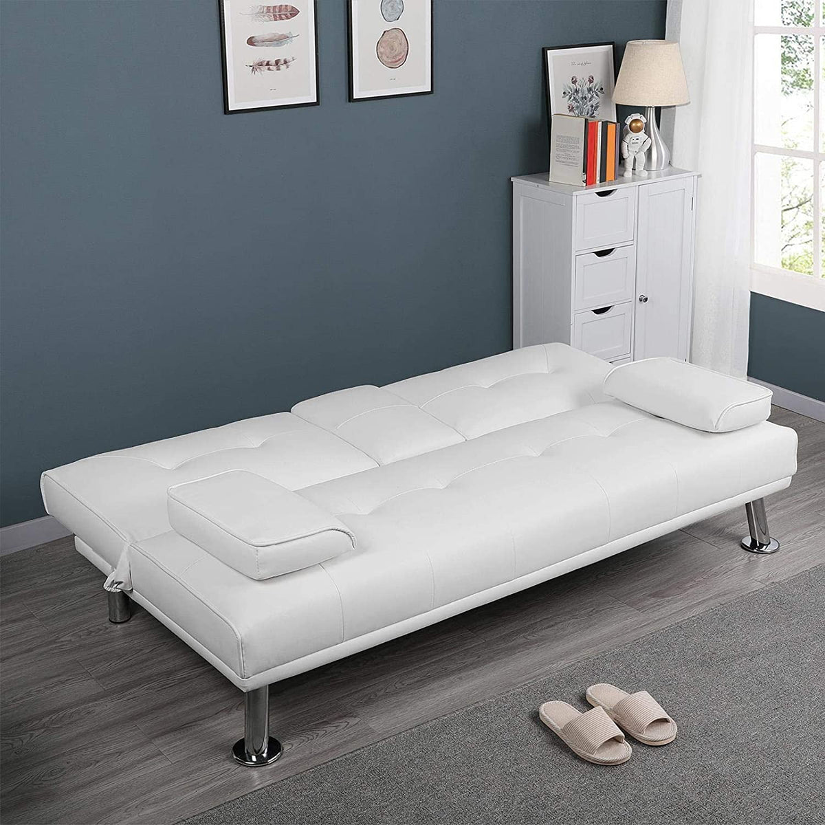 White Faux Leather Futon Set Convertible Sleeper Loveseat Daybed H229