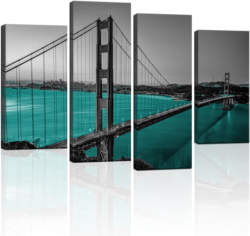 Black White Teal Golden Gate Bridge Canvas Wall Art V654