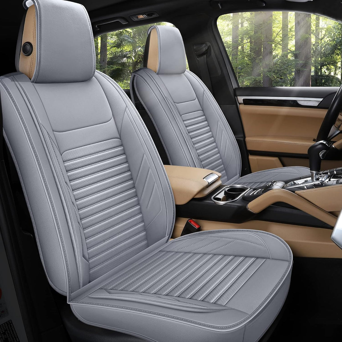 Beige Leatherette Car Seat Covers, Front Pair H185