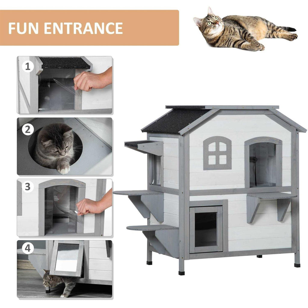 Wooden 2-Story Outdoor Cat House with Escape Door M445