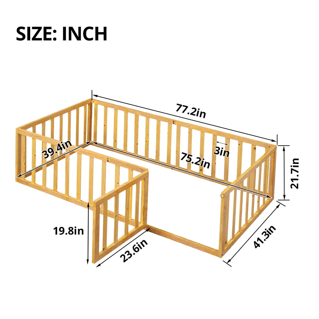Twin Solid Wood Floor Bed Frame with Door & Safety Guardrails R13560