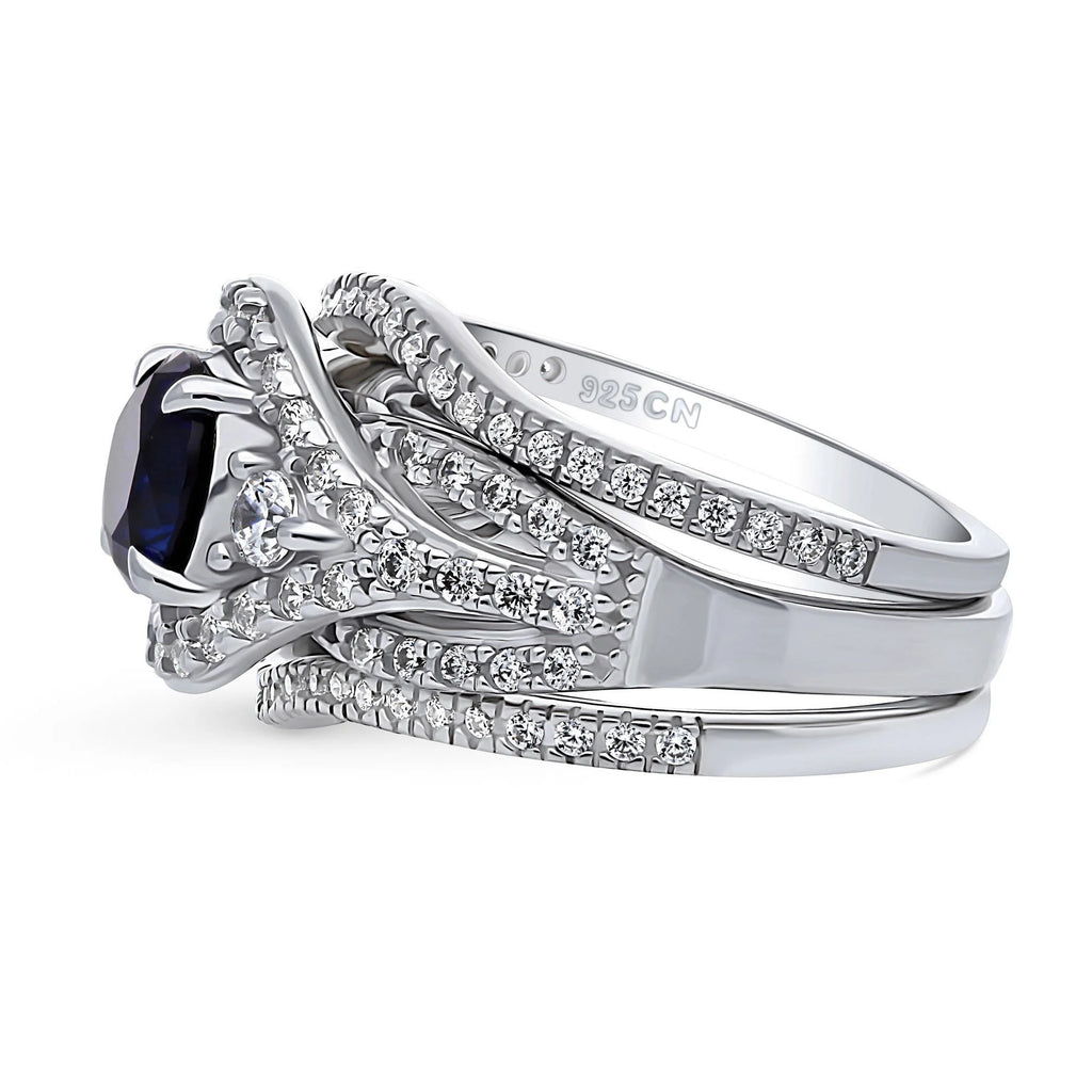 Sterling Silver Simulated Blue Sapphire CZ Halo Ring Set, Rhodium Plated Size 6 R5506