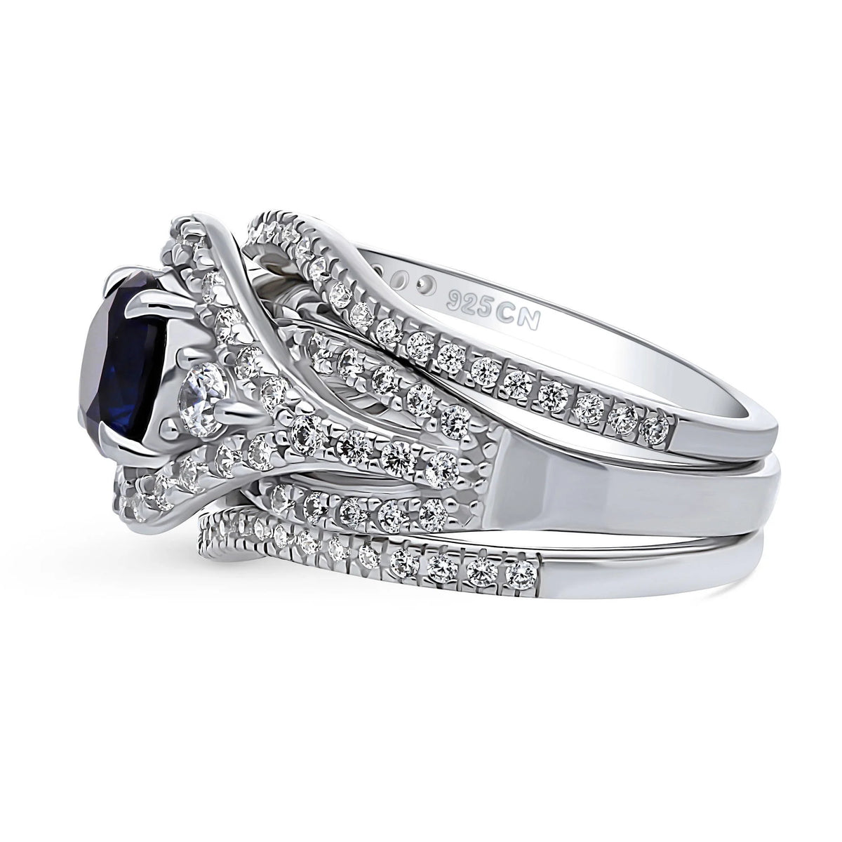 Sterling Silver Simulated Blue Sapphire CZ Halo Ring Set, Rhodium Plated Size 6 R5506