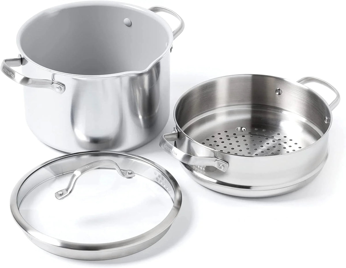 8QT Stainless Steel Nonstick Stock Pot with Strainer Lid and Steamer D781112