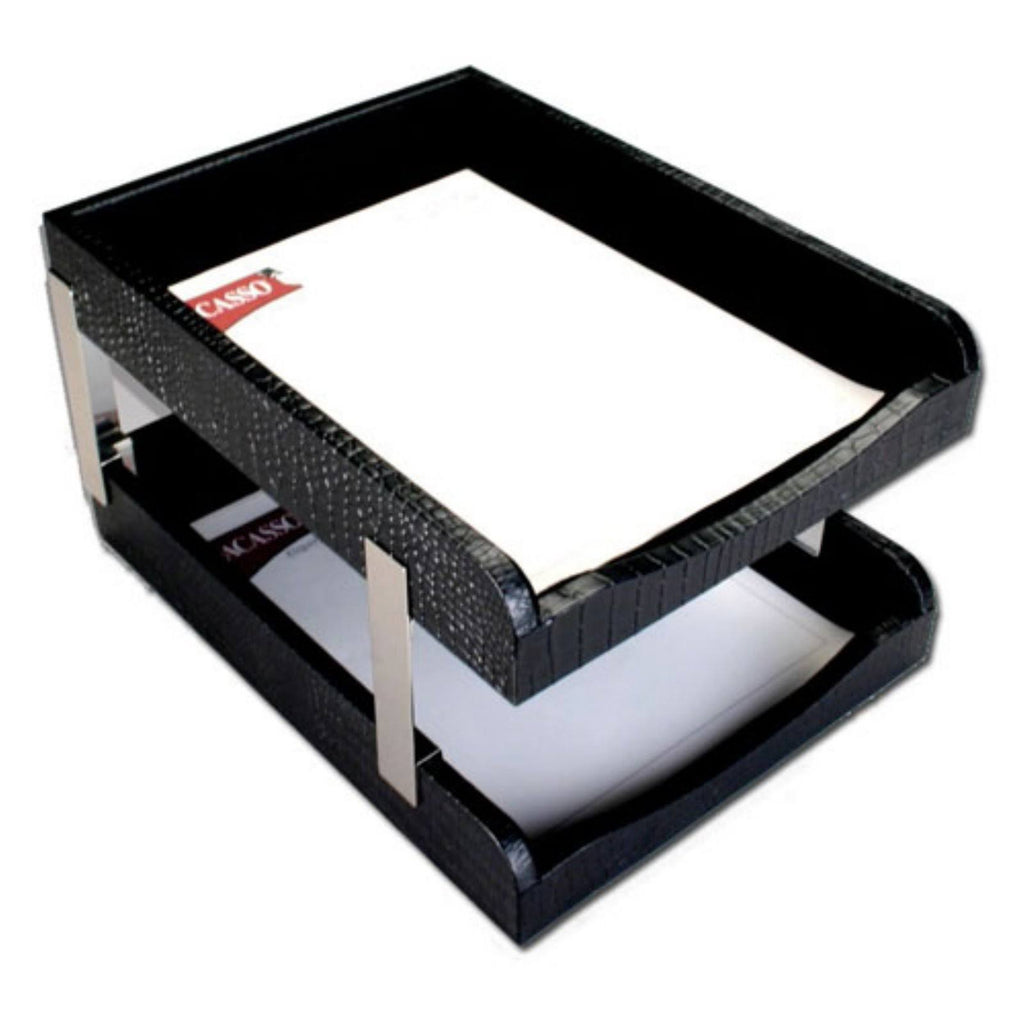 Black Crocodile Embossed Leather Double Letter Trays A880
