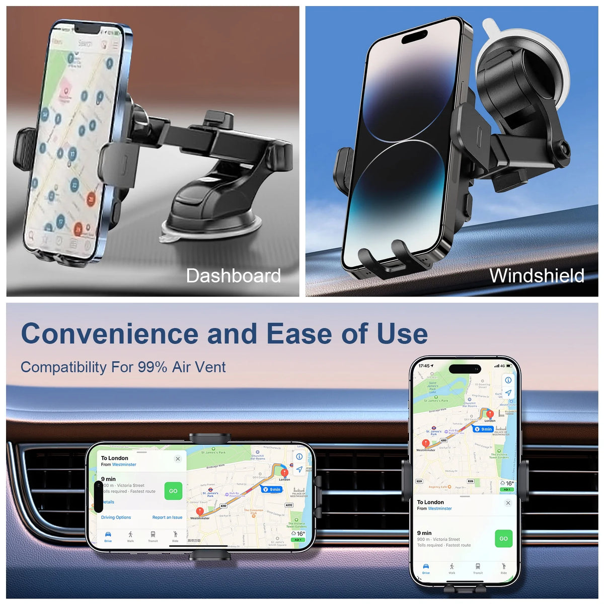 Black 3-in-1 Car Phone Holder Wireless Charger P5128