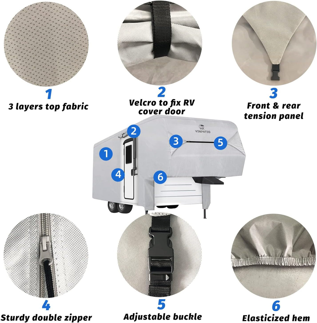 5th Wheel Cover Thick 3 Layers Polypro Anti-UV Waterproof Breathable Camper Covers Fits 37' - 40' Trailer, Gray F86453