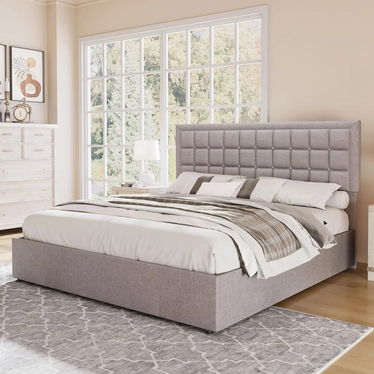 Queen Size Light Grey Upholstered Storage Bed Frame H90709