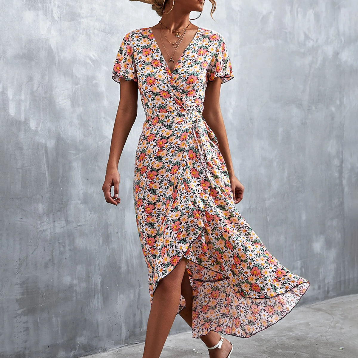 V Neck Short Sleeve Split Wrap Long Dress V3992