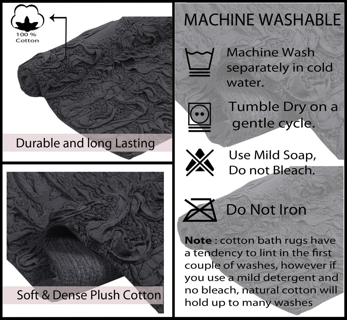 100% Cotton Non-Slip Bathroom Rug Set, 4 Piece Bath Mat Set with Contour Grey G871065