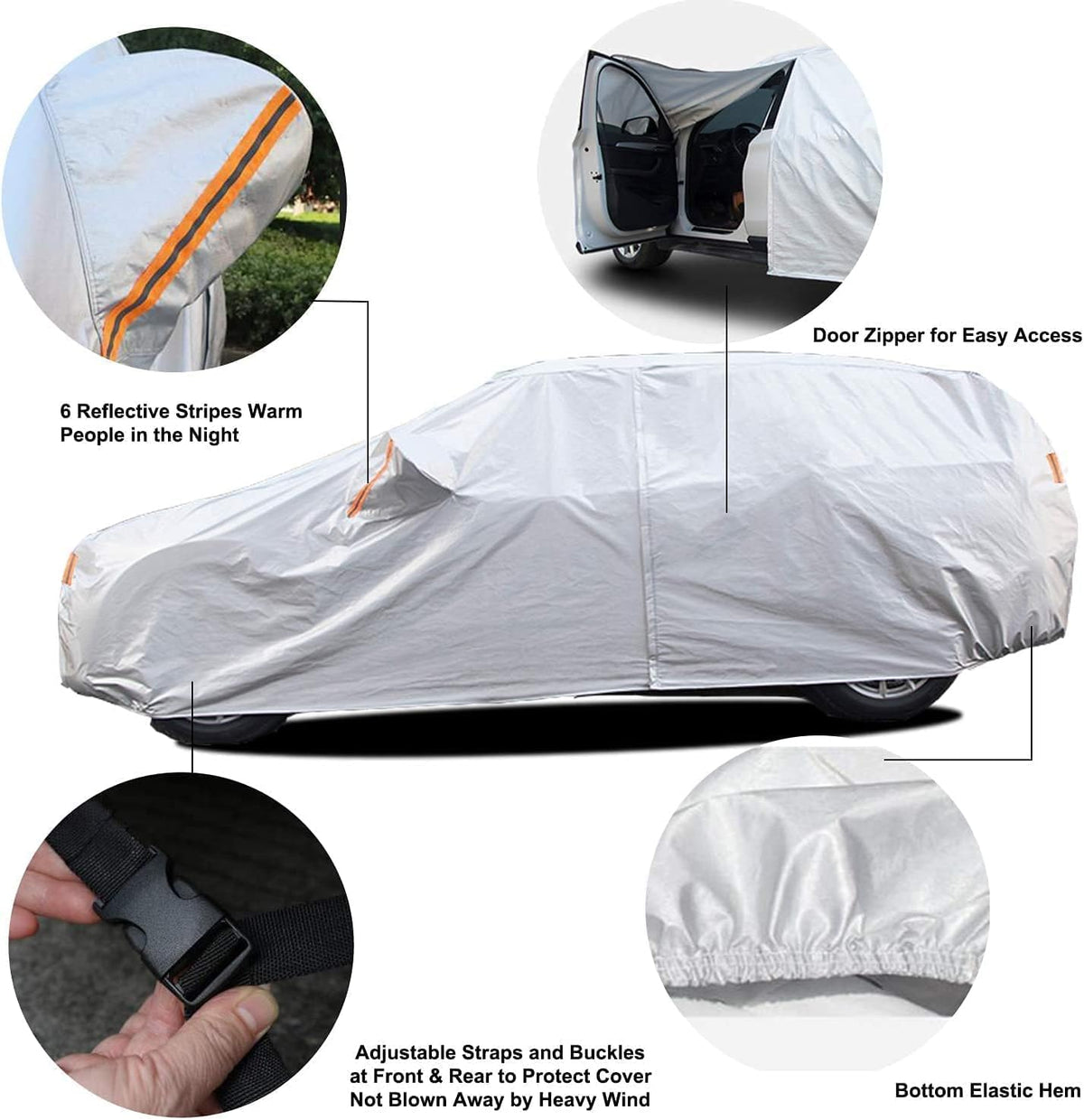 6 Layers Heavy Duty Waterproof Windproof Car Cover with Zipper Door, Universal Fit for SUV (190 in-200 in), Silver Pack of 2 D69355